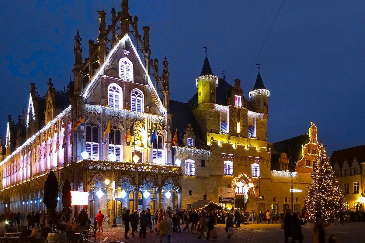 Het verlichte stadhuis met kerstboom op de Grote Markt